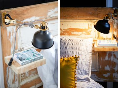 A bedside shelf attached to a wooden headboard with a black wall-mounted lamp and books at 1 Pringles Yard in Alnwick