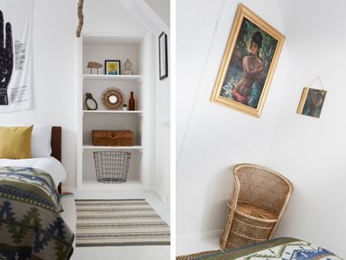 A bedroom with a bed with patterned blanket and yellow cushion a built in shelf with decorative items and a wicker chair under two framed artworks at 1 Pringles Yard in Alnwick