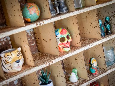 A rusty metal shelf with a globe a tiger head container a colorful skull a small plant ceramic birds and a painted egg figurine at 1 Pringles Yard in Alnwick