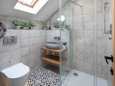 A bathroom with a toilet sink shower plants and a skylight at Gatesgarth in Coniston