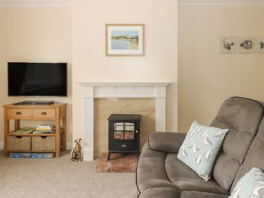 A living room with a wall-mounted TV on a wooden stand a fireplace with a stove and a gray sofa with bird patterned cushions at Arbour Retreat in Filey