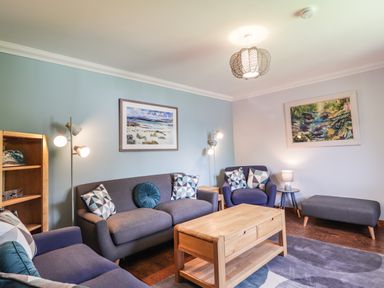 A living room with sofas cushions wooden coffee table and paintings at Silver Birch Lodge in Ratagan Glenshiel near Dornie