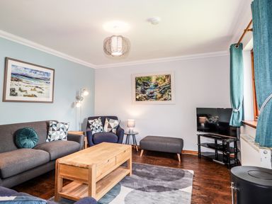 A living room with a grey sofa and armchair a wooden coffee table a television on a stand and framed paintings on the walls at Silver Birch Lodge in Ratagan Glenshiel near Dornie