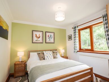 A bedroom with a wooden bed white bedding green accent wall and window with patterned curtains at Silver Birch Lodge in Ratagan Glenshiel near Dornie