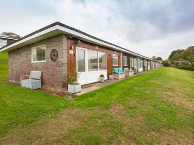 A row of single-story houses with outdoor chairs on a grassy lawn at The Hut in Dartmouth