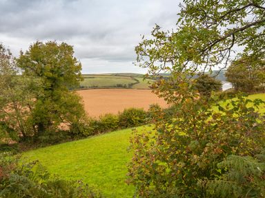 A landscape with green grass, trees, and a field under a cloudy sky at The Hut in Dartmouth