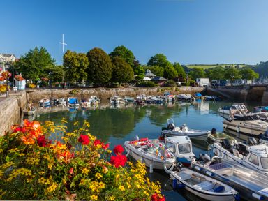 A small harbor with boats docked and flowers in the foreground at The Hut in Dartmouth