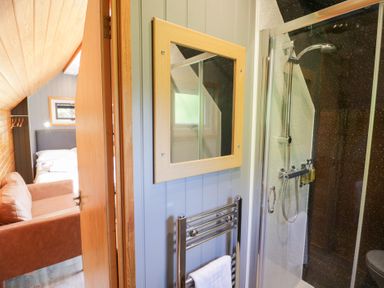 A bathroom with a shower and towel rail at Acorn Lodge At Bridge Lake Farm & Fishery, Chacombe