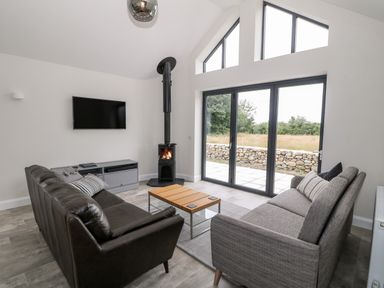 A living room with two sofas a coffee table a wood stove and large windows at Pen Y Cefn