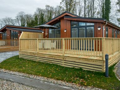 A wooden cabin with a fenced deck and patio furniture surrounded by trees at Otter Lodge in Gargrave