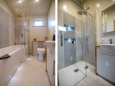 A bathroom with a bathtub shower toilet and sink at Otter Lodge in Gargrave