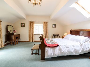 A bedroom with a wooden bed and a dresser with a mirror at The Stables At Cae Gwyn in Ruthin