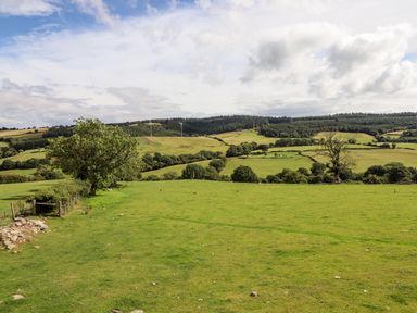 A green countryside with rolling hills trees and wind turbines in the distance at The Stables At Cae Gwyn in Ruthin