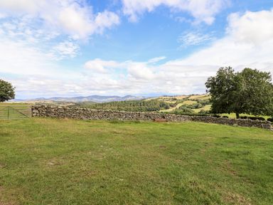 A grassy field with a stone wall and a metal gate with trees and hills in the background at The Stables At Cae Gwyn in Ruthin