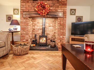 A living room with a brick fireplace and wood burning stove with a basket of wood and a television at The Stables At Cae Gwyn in Ruthin