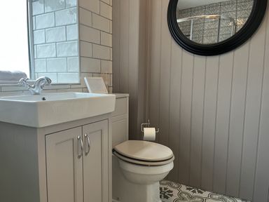 A bathroom with a sink and toilet at The Stables At Cae Gwyn in Ruthin
