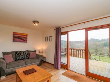 A living room with a sofa pillows and a coffee table near sliding glass doors leading to a wooden deck and countryside at The Willow Lodge near Lyme Regis