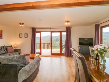 A living room with sofas a coffee table dining table flowers and sliding doors to a balcony at The Willow Lodge near Lyme Regis