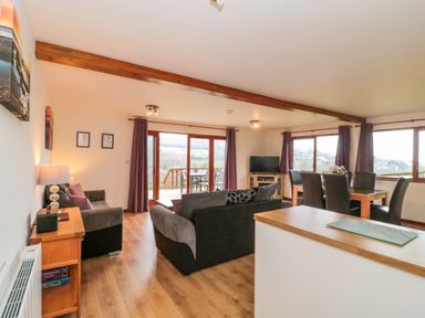 An open plan living and dining area with sofas a dining table chairs TV and large windows at The Willow Lodge near Lyme Regis
