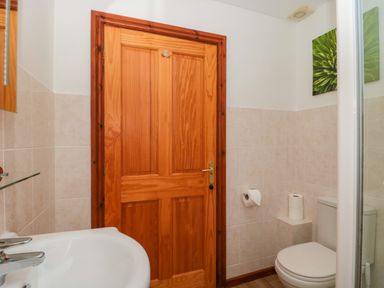 A bathroom with a wooden door a sink a toilet and a green flower picture on the wall at The Willow Lodge near Lyme Regis