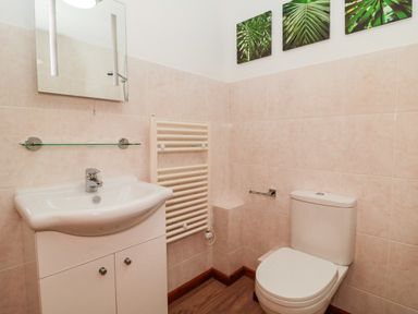 A bathroom with a sink cabinet mirror towel rack and toilet with plant pictures on the wall at The Willow Lodge near Lyme Regis