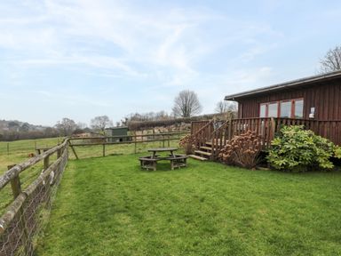 A fenced grassy yard with a wooden picnic table next to a wooden deck attached to a cabin at The Willow Lodge near Lyme Regis