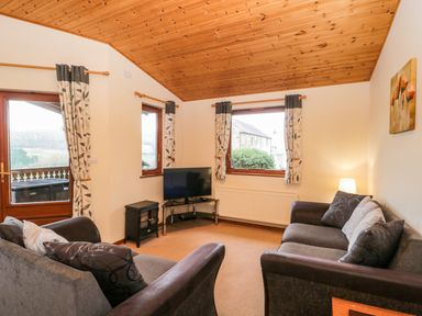 A living room with two sofas a television and patterned curtains at The Oak Lodge near Lyme Regis
