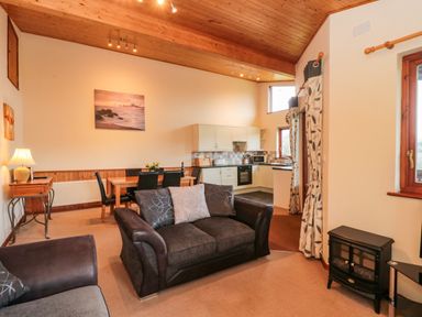 An open plan living area with sofas dining table kitchen and a small stove at The Oak Lodge near Lyme Regis