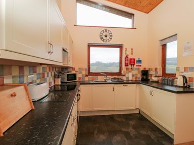 A kitchen with white cabinets black countertops a toaster a microwave a coffee maker and a window showing the outside at The Oak Lodge near Lyme Regis