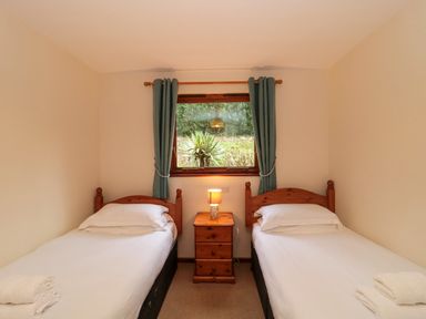 A bedroom with two single beds separated by a wooden nightstand with a lamp and a window with green curtains at The Oak Lodge near Lyme Regis