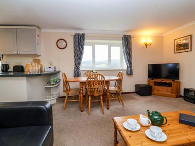 A living room with a wooden dining table and chairs a tv on a wooden stand and a coffee table with a teapot and cups at The Hayloft Cottage Apartment near Lyme Regis