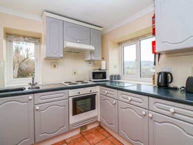 A kitchen with gray cabinets oven stovetop microwave and windows showing trees at The Hayloft Cottage Apartment near Lyme Regis