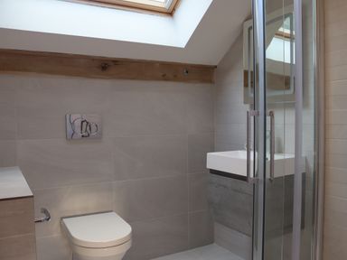 A bathroom with a toilet, sink, and glass shower door under a skylight at The Anchorage @ Nables Farm in Upper Seagry
