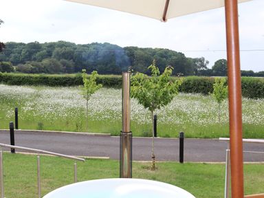 An outdoor view showing a field with white flowers trees and hedges with a road and a metallic chimney emitting smoke at The Anchorage @ Nables Farm in Upper Seagry