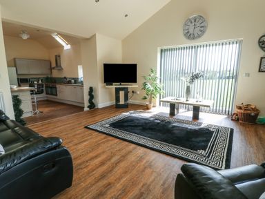 A living room with a black rug a coffee table with flowers a wall clock a TV and an open kitchen at Ty Cuddfan in Llangoed