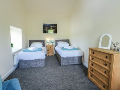 A bedroom with two single beds a wooden nightstand a wooden dresser with a mirror and carpeted floor at Ty Cuddfan in Llangoed
