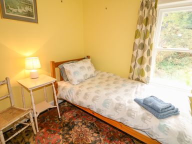 A bedroom with a single bed covered with elephant printed bedding a side table with a lamp and a chair at Carriguisnagh in Ballycastle