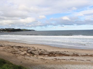 A sandy beach with seaweed and waves with a cliff and some buildings in the distance at Carriguisnagh in Ballycastle