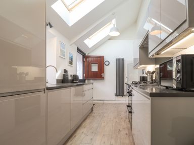 A kitchen with skylights a wooden floor and modern cabinets at Awelfa in Newport Pembrokeshire