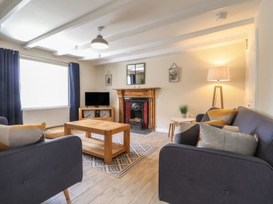 A living room with two sofas a wooden coffee table a fireplace and a television at Awelfa in Newport Pembrokeshire