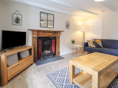A living room with a wooden coffee table a blue sofa a wooden TV stand a gas fireplace and a floor lamp at Awelfa in Newport Pembrokeshire