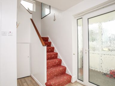 A staircase with red carpet and a glass door with textured glass at The Little Dolphins in Rhosneigr