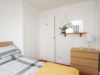 A bedroom with a bed a wooden chest of drawers a wall shelf with a plant and a mirror at The Little Dolphins in Rhosneigr