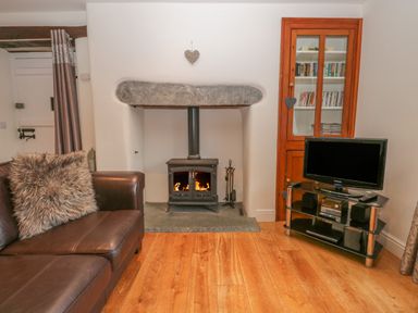 A living room with a leather sofa a fireplace a wooden cabinet and a television on a stand at Oak Tree Cottage in Coniston