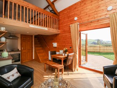 A living area with wooden walls and stairs a table with chairs an open door to the outside and a kitchen area at Tegfan Barn in Pant-y-dwr near Rhayader