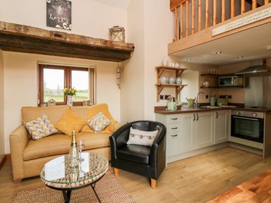 A small living area with a sofa, armchair, glass coffee table and kitchen with wooden shelves at Tegfan Barn Pant-y-dwr near Rhayader