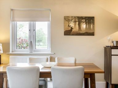 A dining table with white chairs near a window with a vase on the sill and a painting of a deer on the wall at The Golf Apartment in Kendal