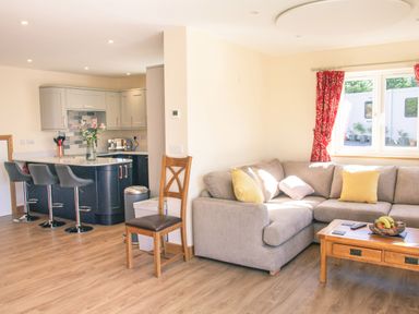 A living room with a grey sofa, wooden coffee table, and kitchen area with bar stools and a breakfast bar at Swallows Dip in Honiton