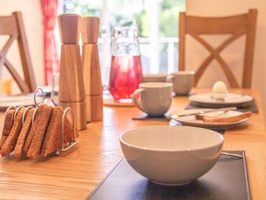 A dining table set with bowls cups a toaster with toast and a jug of red juice at Swallows Dip in Honiton