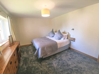 A bedroom with a double bed and wooden furniture at Swallows Dip in Honiton
